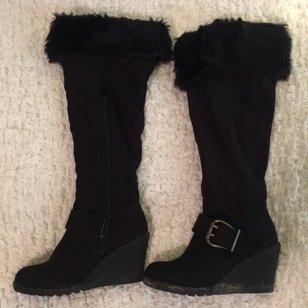 Black Buckle Winter Wedge Boots